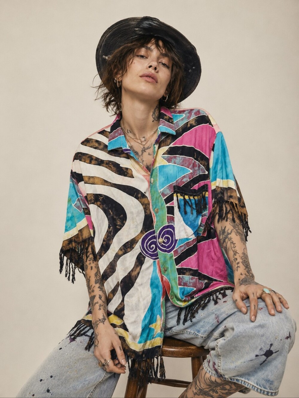 Vintage 90s Tropical Tantrum Abstract Fringe Top Size L Oversized Button Down